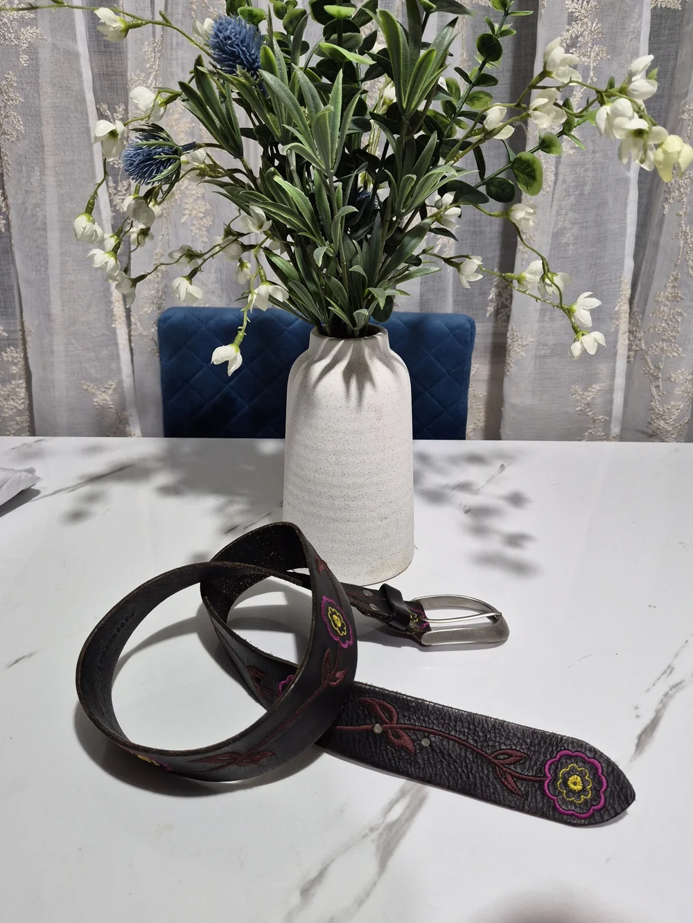 Linea Pelle Black Leather Belt with Pink and Yellow Floral Accent